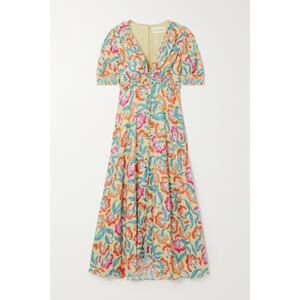 Saloni 'Lea' Blue Floral-Print Crepe V Neck Maxi Dress Size S